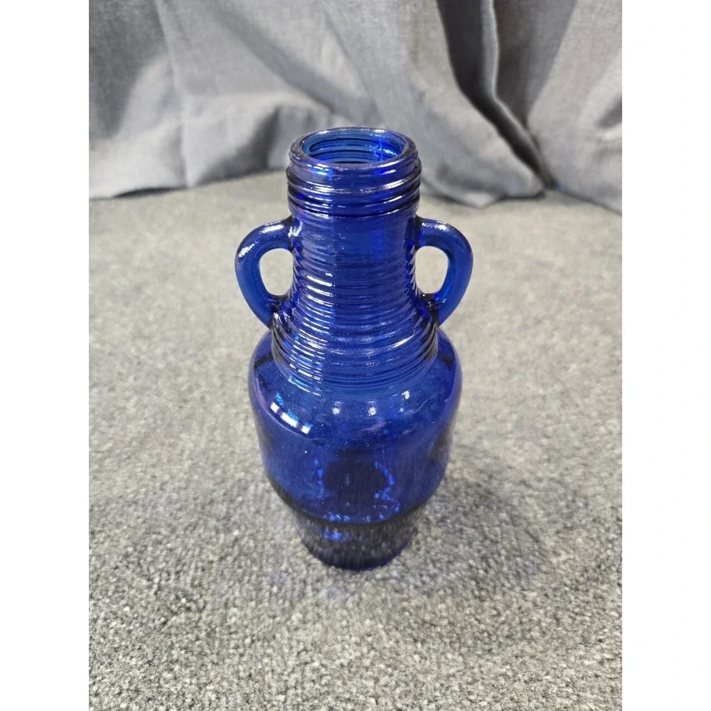 Vintage Cobalt Blue Glass Double Handle Vase Bottle Ribbed Small 7